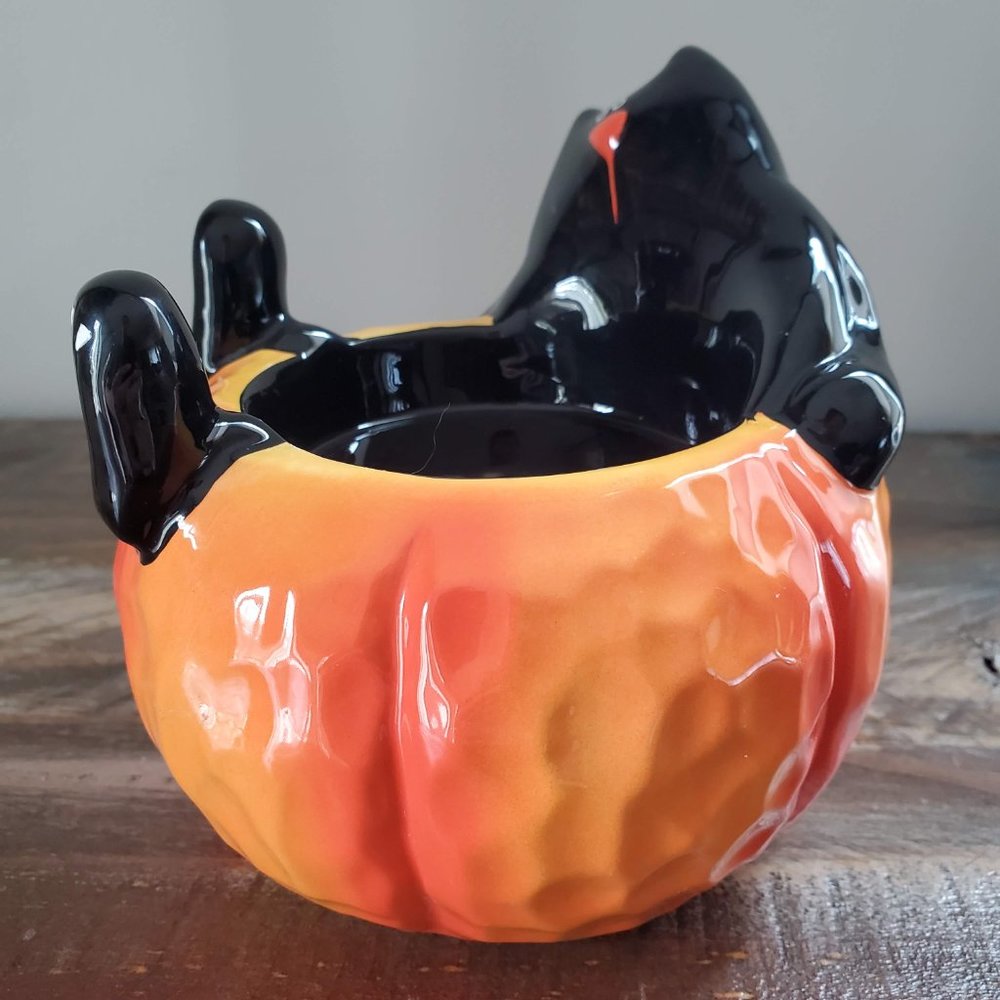 Halloween Black Cat Pumpkin Ceramic Candle Holder - Picture 3 of 8